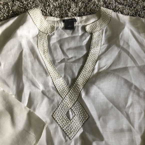 Ann Taylor Off White Beaded 100% Linen Long Sleeve V Neck Popover Tunic Top SZ 4 - Picture 3 of 8